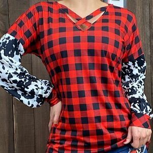 Red Plaid Criss Cross Neck Top with Cow Print Sleeves